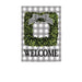 flag with black and white box plaid and square wreath and the word "welcome"