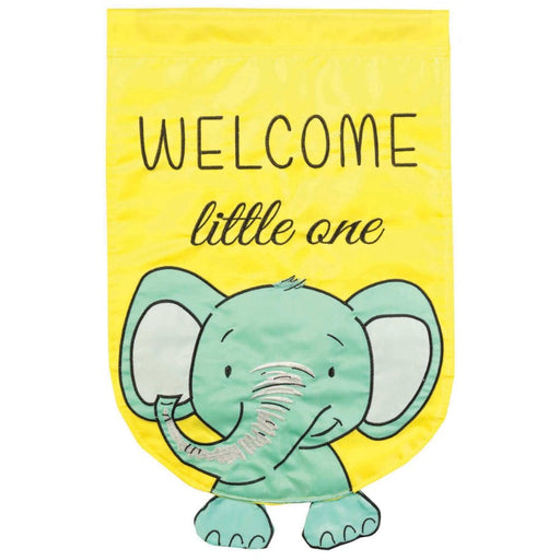 applique garden flag with elephant and text saying "welcome little one"