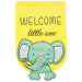 applique garden flag with elephant and text saying "welcome little one"