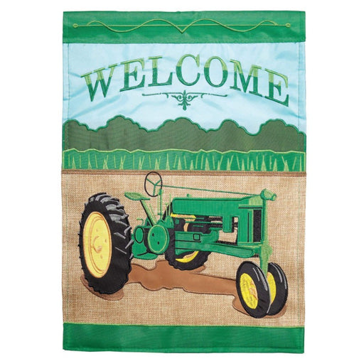 tractor in a field themed flag with the word "welcome" at the top