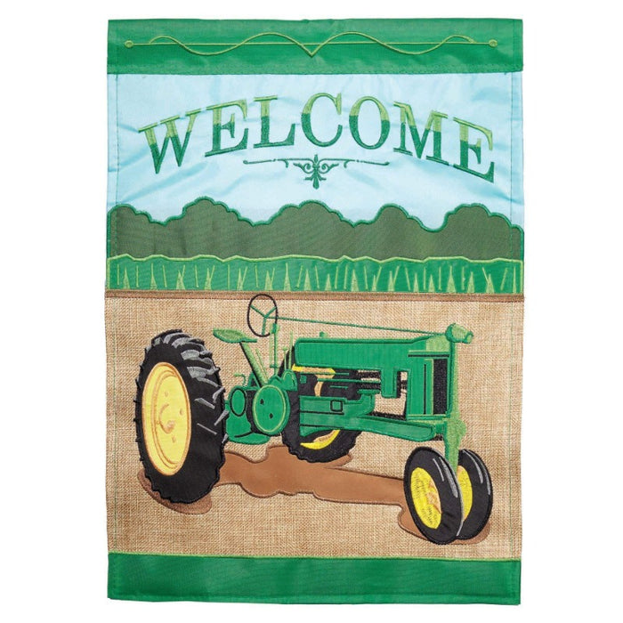 tractor in a field themed flag with the word "welcome" at the top