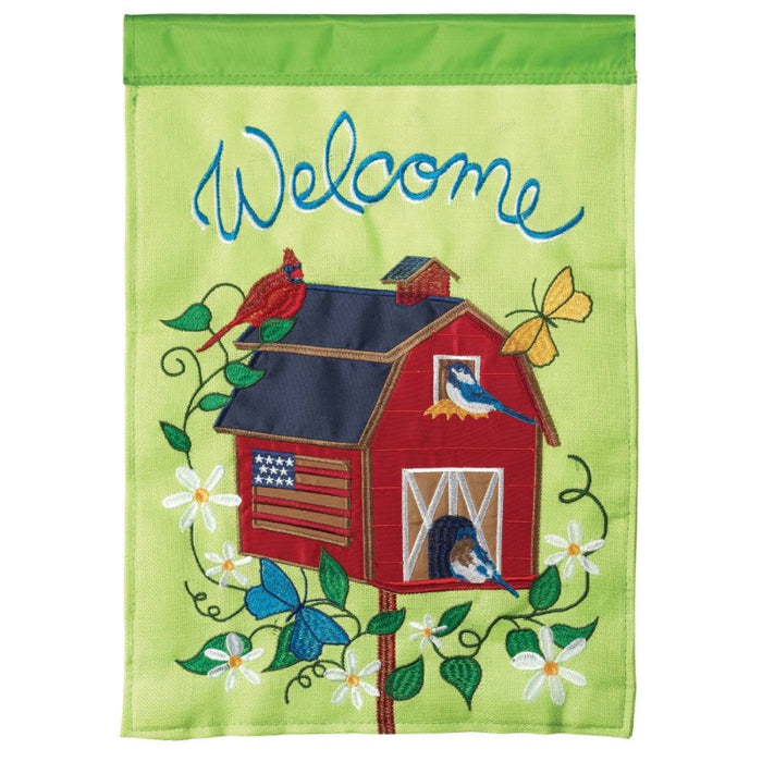 green flag with barn themed birdhouse and birds flag