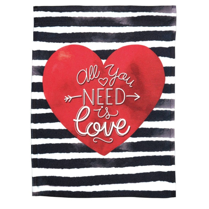 black and white striped flag with red heart and text saying "all you need is love"