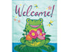 frog on lilypad flag with dragonflies and text saying "welcome" flag