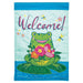 frog on lilypad flag with dragonflies and text saying "welcome" flag