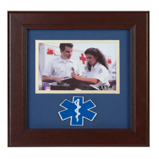 brown wood photo frame with the ems star of life on a medallion below the picture spot