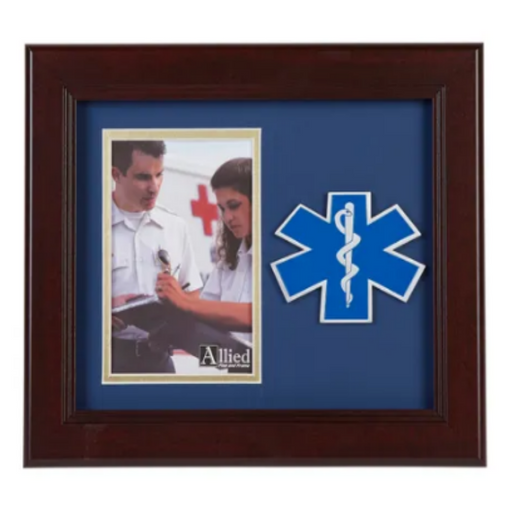 brown wood photo frame with the ems star of life on a medallion to the right of the picture spot