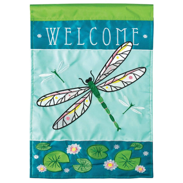 dragonfly themed flag with the word "welcome" and lilypads