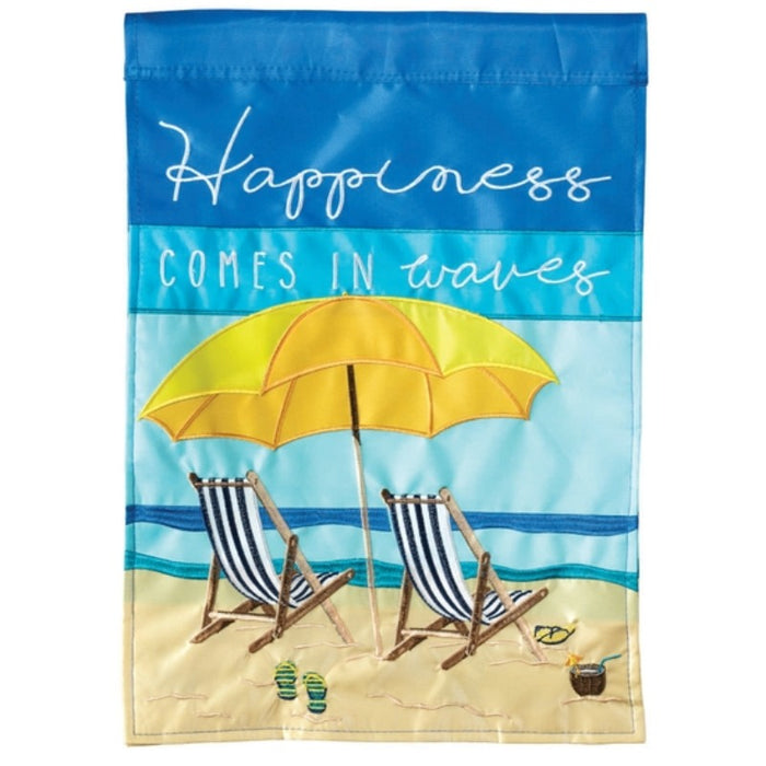 Beach Chair "Happiness Comes In Waves" Applique Garden Flag