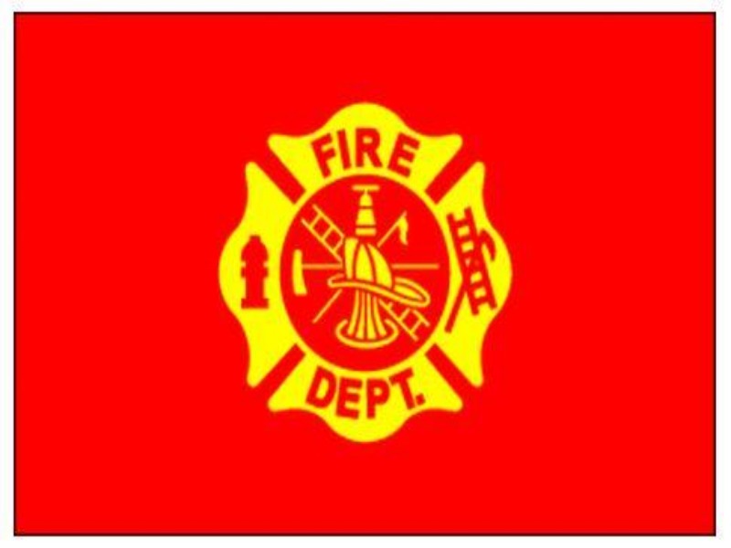 red flag with golden fire department logo in the center