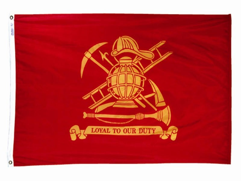 RED FLAG WITH THE FIRE FIGHTER INSIGNIA IN THE CENTER; PHRASE "LOYAL TO OUR DUTY" IS AT THE BOTTOM