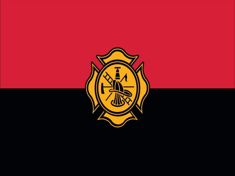 RED AND BLACK STRIPED BACKGROUND WITH FIRE FIGHTER LOGO IN THE CENTER