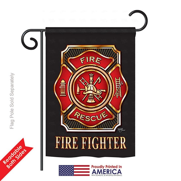 black background flag with the fire rescue logo in the center and the words "fire fighter" at the bottom