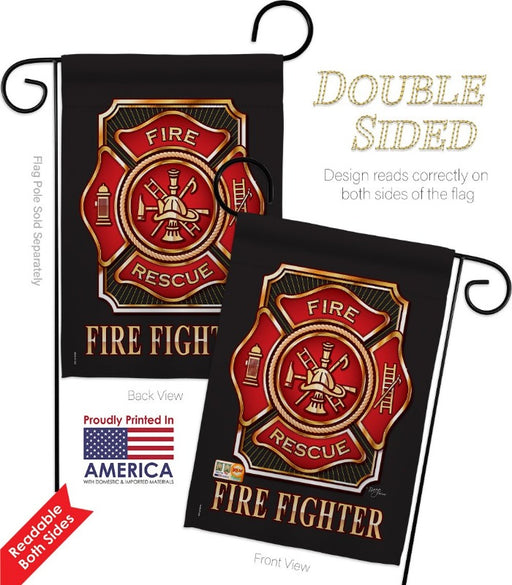 black background flag with the fire rescue logo in the center and the words "fire fighter" at the bottom