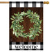 brown flag gingham print on the edges and a wreath that says "welcome"