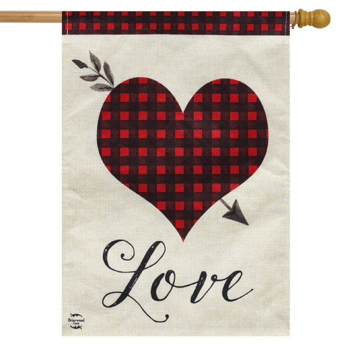 burlap flag with red and black checkered design inside a heart with the word "love"
