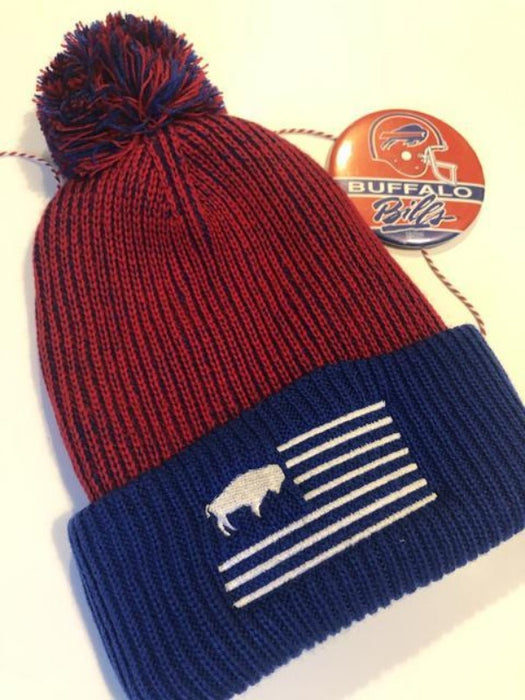 red & blue Buffalo Flag Unisex pom-pom Beanie with white embroidery