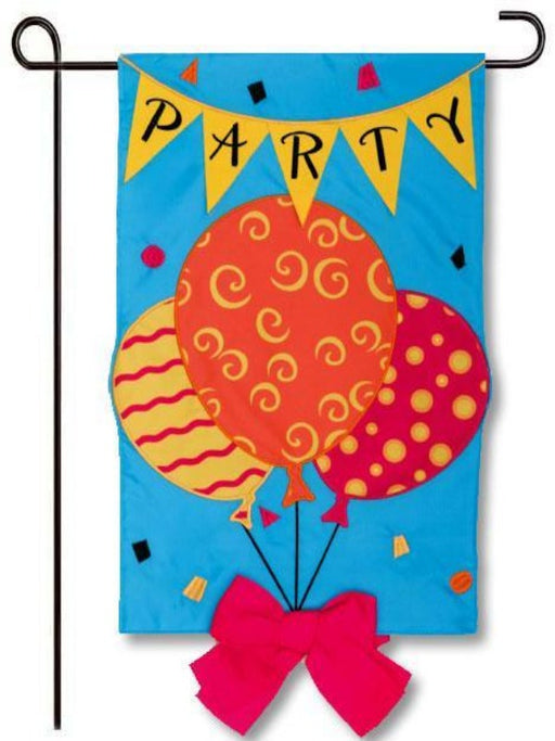 blue flag with orange and yellow balloons and pink ribbon with the word "party" on a banner