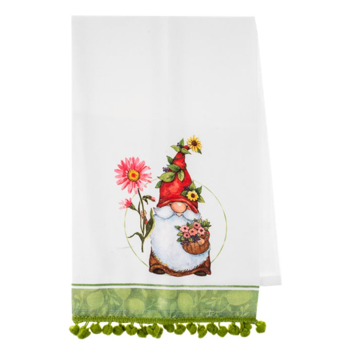 Pink Flower Basket Gnome Tea Towel