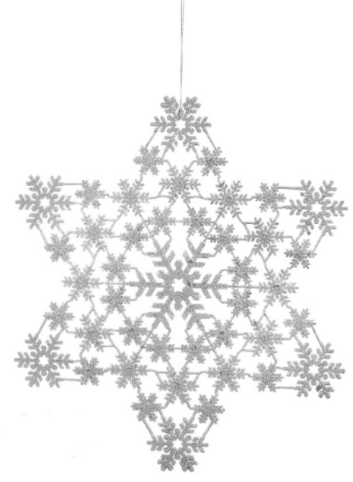 Silver Glitter Star Ornament has a snowflake motif