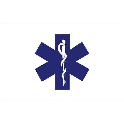 WHITE BACKGROUND FLAG WITH A BLUE STAR OF LIFE IN THE CENTER