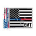STICKER OF THE THIN RED AND BLUE LINE FLAG WITH A HEART RATE SYMBOL THROUGH THE CENTER AND TEXT SAYING "EMT" AT THE BOTTOM
