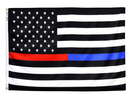 BLACK AND WHITE US FLAG WITH A SINGLE BLUE AND RED STRIPE DOWN THE CENTER