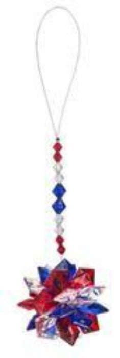 mini acrylic ornament with red, white, and blue colors on a beaded string