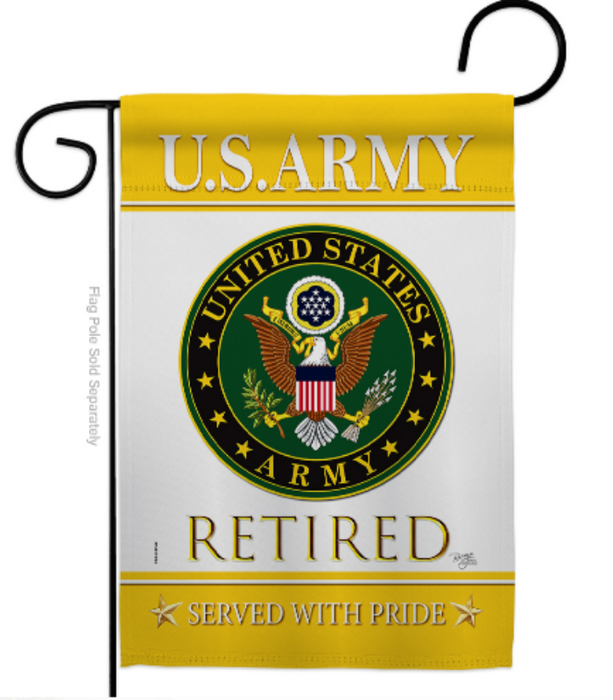us army yellow motif flag with "retired" underneath