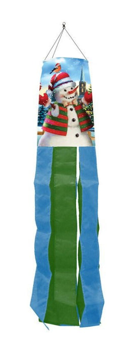 snowman themed windsock with blue and green alternating colored tails