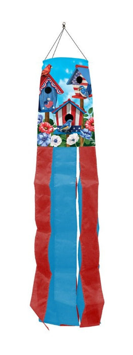 birds with patriotic birdhouses design on a windsock with red and blue tails