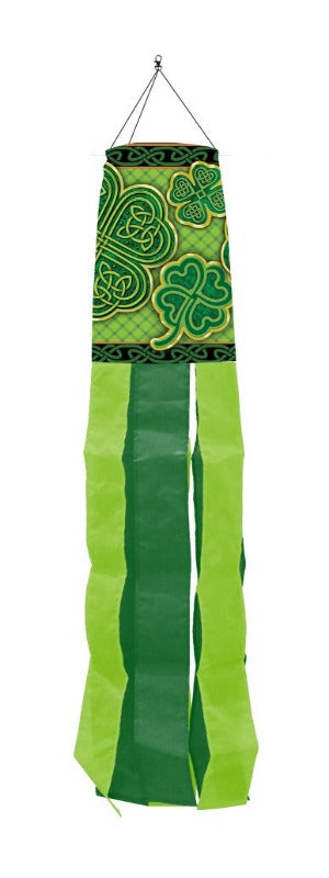 green and black windsock with shamrocks and celtic designs and green tails